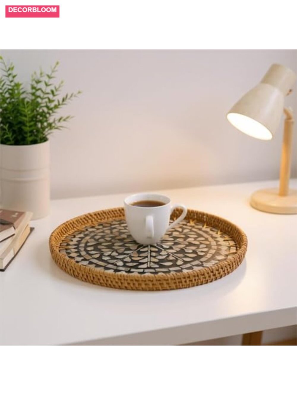 Set of 2 Round Rattan Serving Trays with Mother of Pearl Inlay - Picture 4 of 6